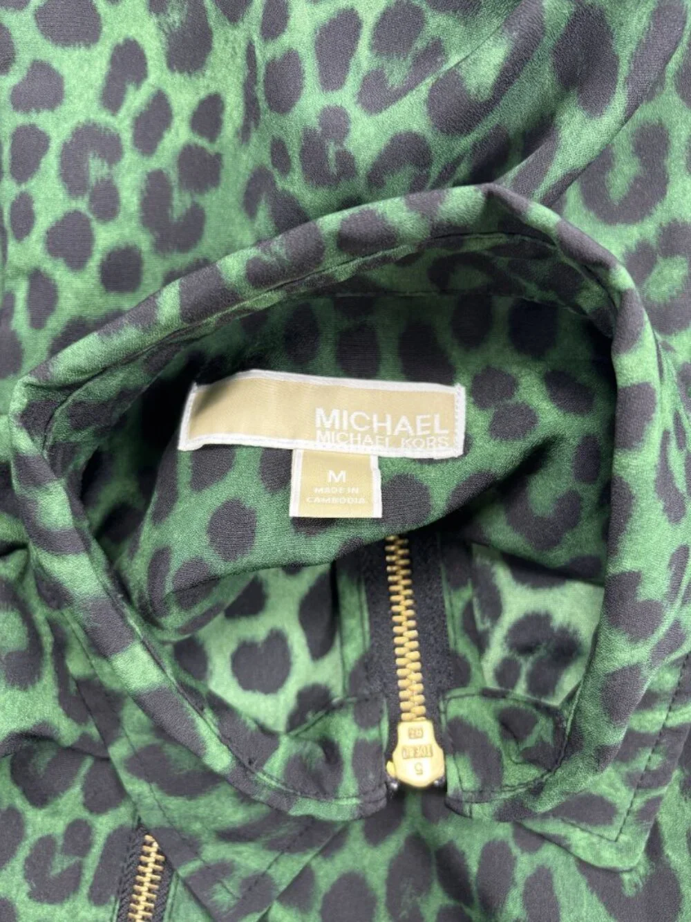 Michael Kors Womens Green & Black Leopard Print Zip-Up Jacket Size M
